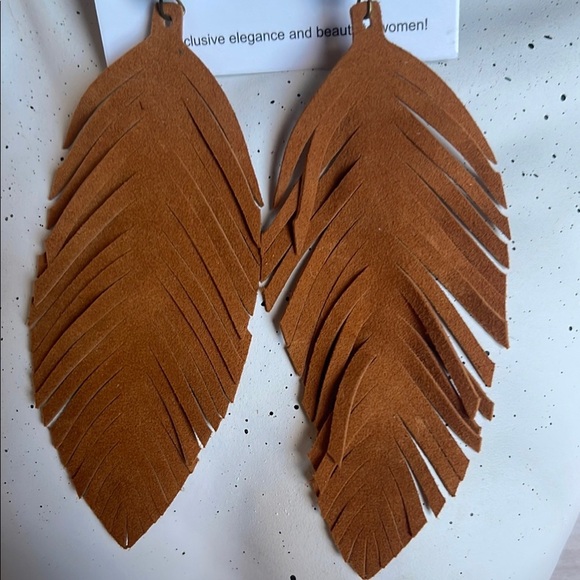 Brown Feather  Tan Suede Earrings with Turquoise Accents - Picture 2 of 6